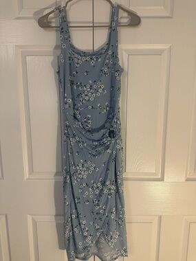 No Boundaries Light Blue Floral Midi Dress with Side Ring Detail